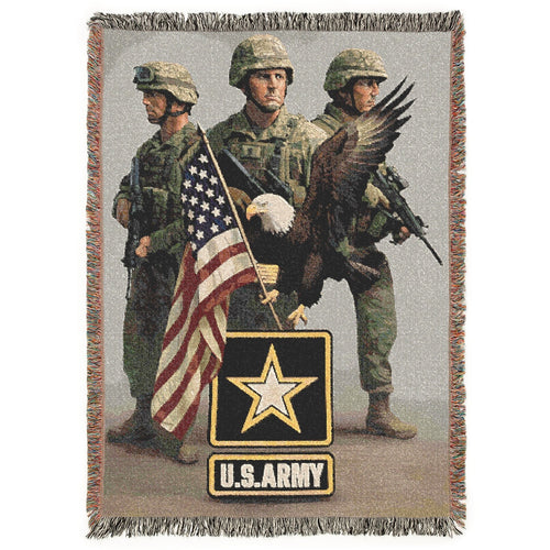 Woven blanket with U.S. Army design featuring soldiers and flag on a white background