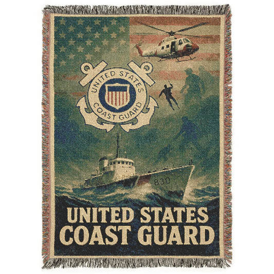 United States Coast Guard-themed blanket with helicopter, boat, and emblem on a scenic background.