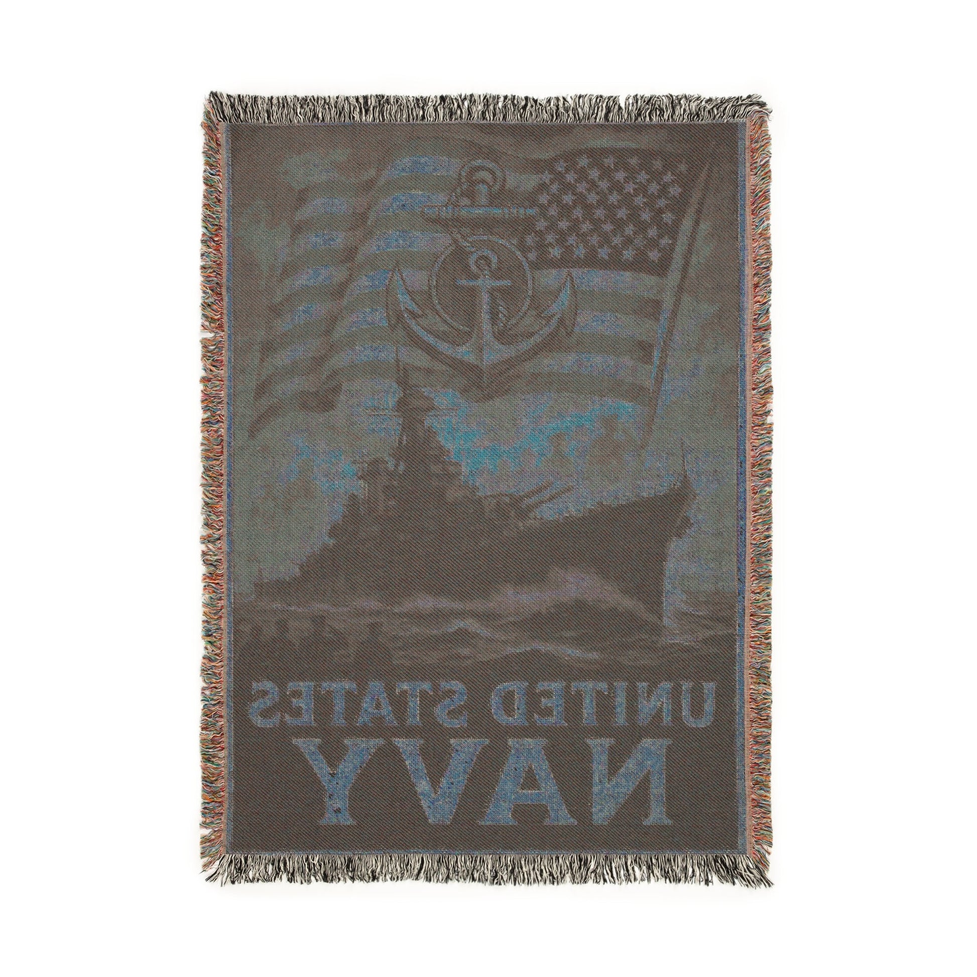 Woven blanket with text and design on a white background