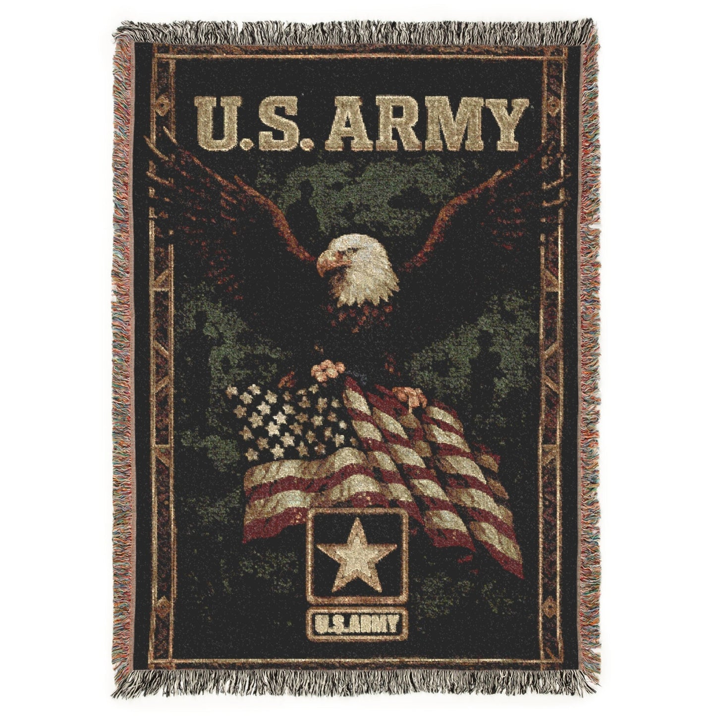 U.S. Army blanket with an eagle and American flag design on a black background