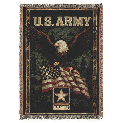 U.S. Army blanket with an eagle and American flag design on a black background