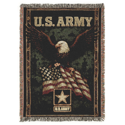 U.S. Army blanket with an eagle and American flag design on a black background