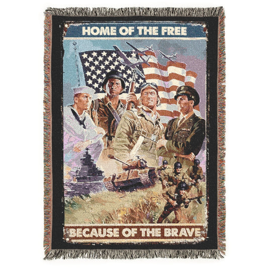 Woven blanket with patriotic design featuring soldiers and American flags, text 'Home of the Free Because of the Brave'.