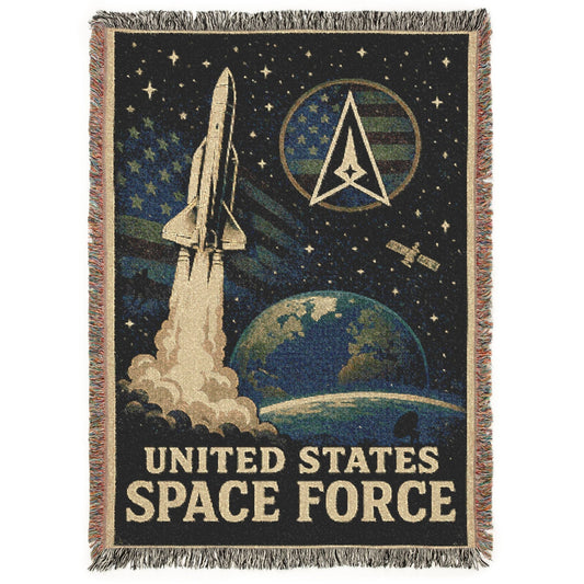 Blanket with United States Space Force design featuring a rocket launch and space shuttle.