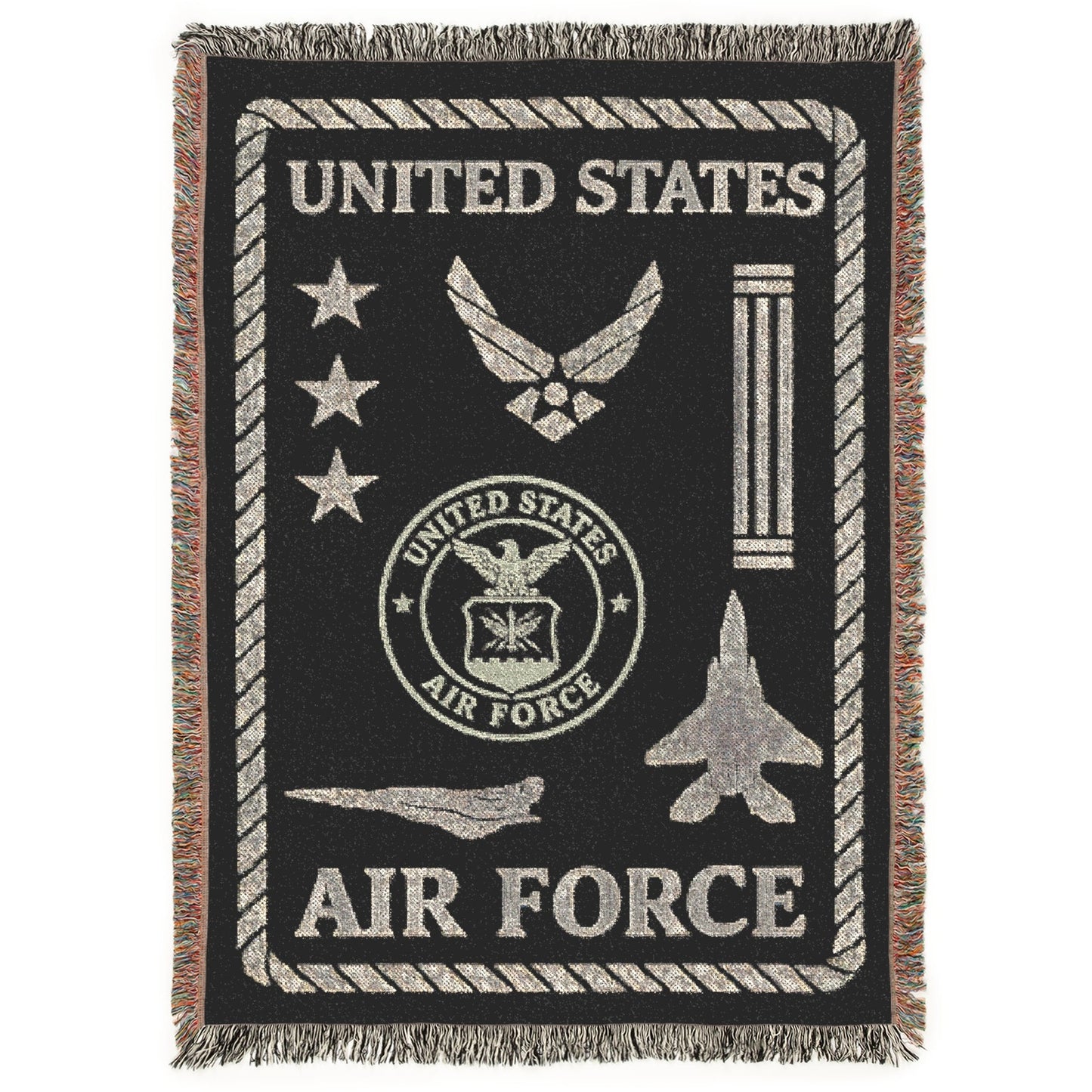 Woven blanket with United States Air Force symbols on a black background