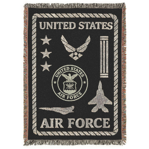 Woven blanket with United States Air Force symbols on a black background