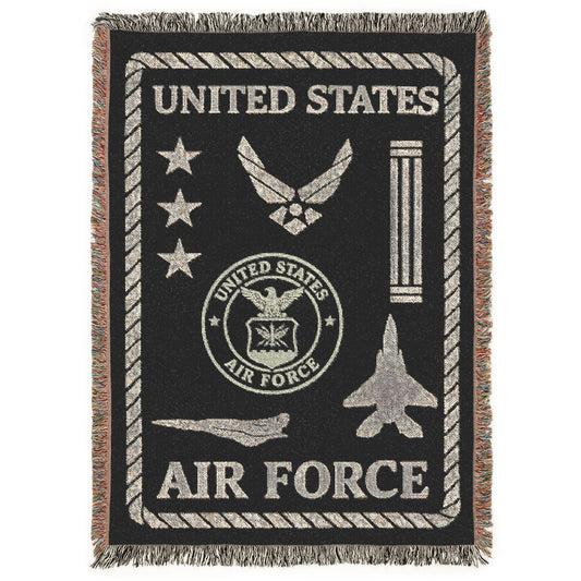 Woven blanket with United States Air Force symbols on a black background