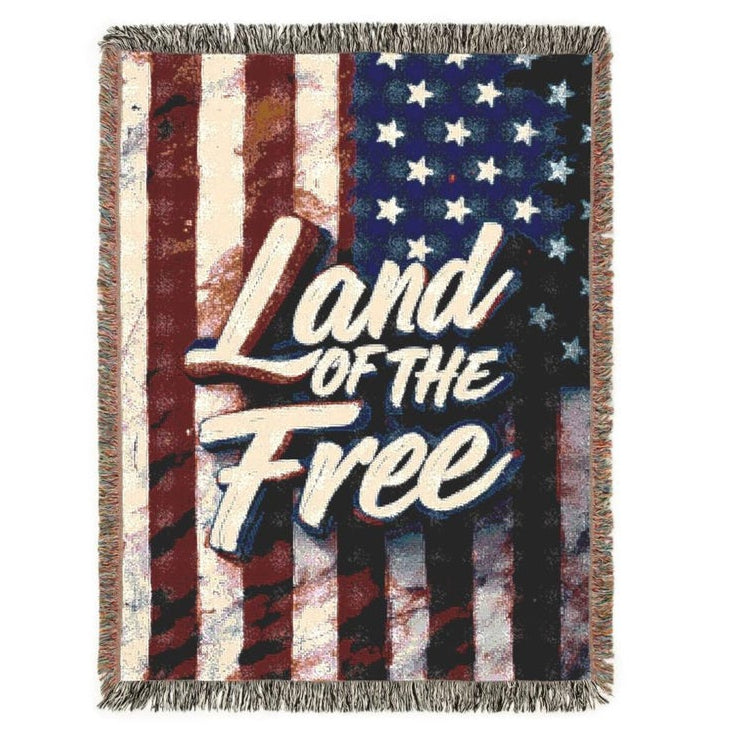 Woven blanket with American flag design and 'Land of the Free' text on a white background