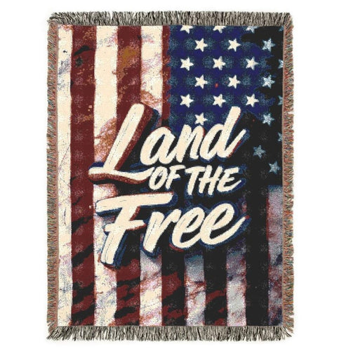 Woven blanket with American flag design and 'Land of the Free' text on a white background